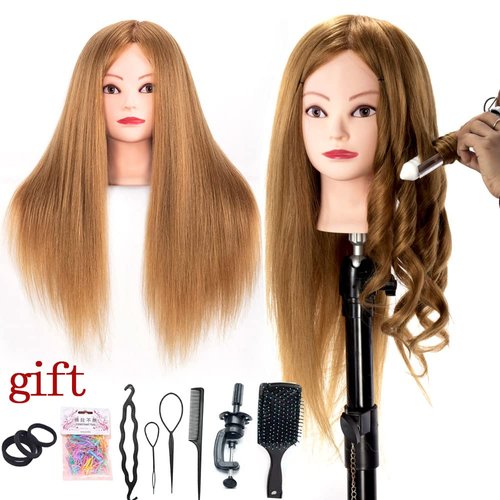 Mannequin Head with Hair 60% Human Hair24"-26" hair mannequin doll head hair styling manikin head Cosmetology Doll Head （Table Clamp Stand Included) (yellow)