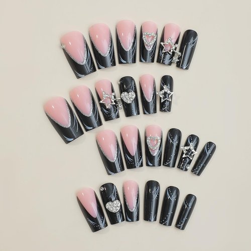 Black Press on Nails Long Square Fake Nails French Tip False Nails with Design Silver Heart Star Charms Glue on Nails Glitter Glossy Stick on Nails Full Cover Acrylic Artificial Nails for Women 24Pcs