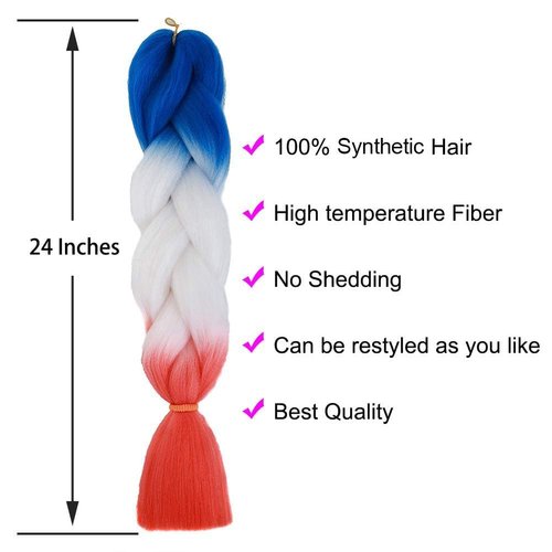 Sakkou Colored Ombre Jumbo Braiding Hair Extensions Synthetic Fiber for Twist Braids Braiding Hair Extension(3Pcs/Lot Blue/White/Red Orange-Red)