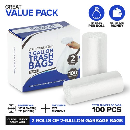 Stock Your Home 2 Gallon Unscented Small Garbage Bags, 100 Count, Leakproof, Versatile Usage, Grab-n-Go