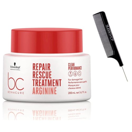 kuss Schwarzkapf BC Bonocure REPAIR RESCUE TREATMENT Arginine for Damaged Hair, Deep Conditioner Mask Masque, Newest 2024 Formula (w Steel Pin Rat Tail Comb) (Treatment (6.76 oz)), White