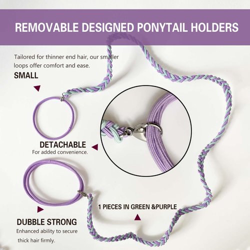 Ponytail Holders Elastic Hair Ties for Sports, Thick Hair Tie Scrunchies No Damage Long Strong Braided Pony tails Hair Ties for Wind Water for Long Thick Curly Thin Fine Hair (1pc-35" Purple+Green)