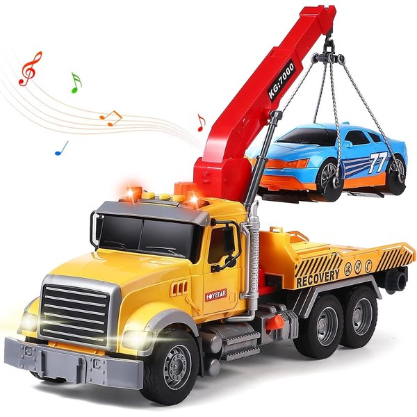CSDCSD 15" Tow Truck Toy with Friction-Powered Transport Truck Crane, Lights and Sounds, Includes Roadster,for Kids Ages 3 4 5 6 7, with Hooks and Car, Pull Back Toy（Tow Truck）