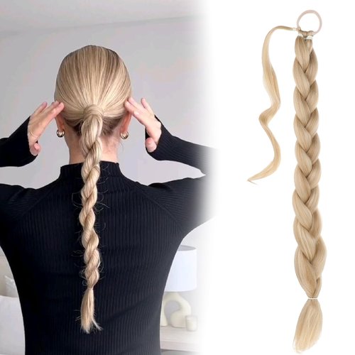 Qianyu Long Braid Ponytail Extension with Elastic Hair Tie Straight Hairpieces Synthetic Sleek Wr...