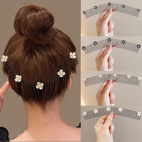 Bincout Meerore 4 PCS Metal Pearl Hair Band Headband Stretch Comb for Girls Women Elastic Stylish Sports Hairband Head Hoop with Non Slip Wavy Teeth A-#05