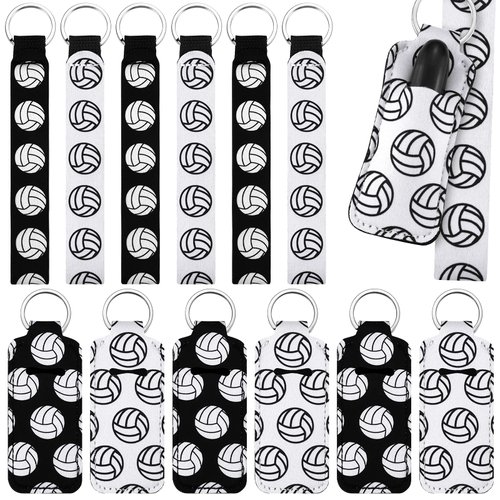Sureio 20 Pcs Volleyball Lipstick Holder Volleyball Keychains Bulk Volleyball Gifts for Team Volleyball Portable Wristlet Keychain Lanyard for Lipstick(Volleyball,White, Black)