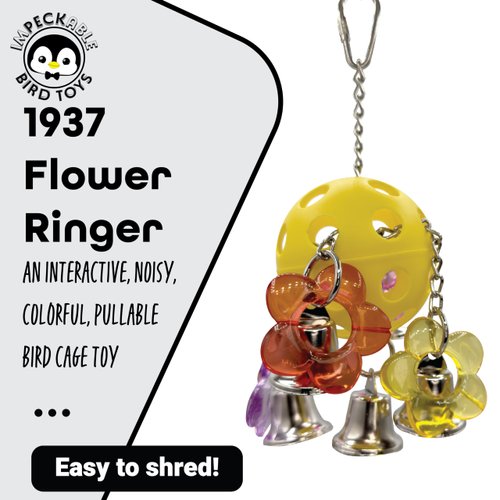 1937 Flower Ringer - Interactive colorful pullable bird cage toy, Colorful plastic ball body, Beautiful translucent acrylic flowers, Noisy metal bells, Great fun for Medium Size pet birds, Made in USA