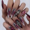 IMSOHOT Stiletto Press on Nails Long Gothic Fake Nails Black Red Ombre Glossy False Nails with Metal Cross Charms Designs Full Cover Glue on Nails 24PCS Acrylic Reusable Almond Nails