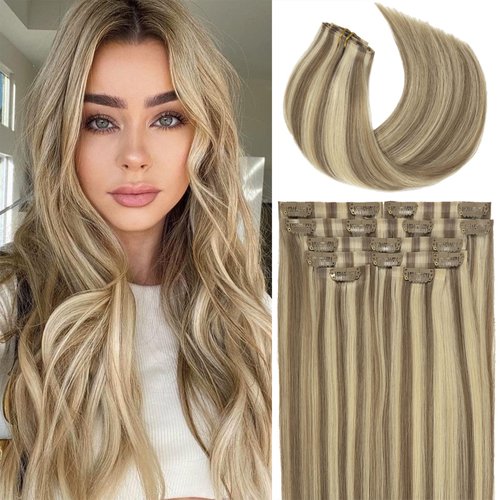 Lacer Hair Seamless Clip in Hair Extensions Real Human Hair Light Brown with Platinum Blonde Highlights Hair Extensions Comfortable Ultra-Thin PU Skin Weft Clip in Human Hair 14 Inch 7Pcs 110 Grams