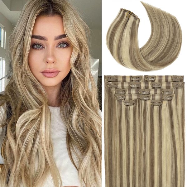 Lacer Hair Seamless Clip in Hair Extensions Real Human Hair Light Brown with Platinum Blonde Highlights Hair Extensions Comfortable Ultra-Thin PU Skin Weft Clip in Human Hair 14 Inch 7Pcs 110 Grams