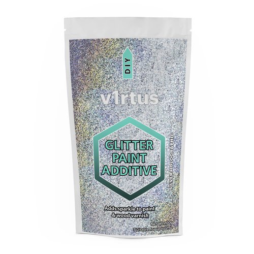 V1RTUS Silver Holographic Glitter Paint Crystal Additive 100g / 3.5oz for Acrylic, Latex, Emulsion - use Interior/Exterior - Wall, Ceiling, Wood, Metal, Varnish, Dead Flat, Matte, Soft Sheen or Silk