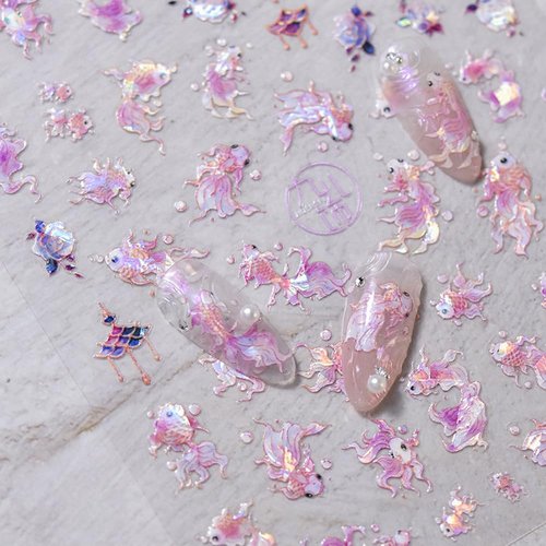 3Sheets Lucky Fish Nail Stickers Gold Pink Laser Chinese Character koi Acrylic Nail Decals for Chinese New Year Tattoo Design Supplies (Fish)
