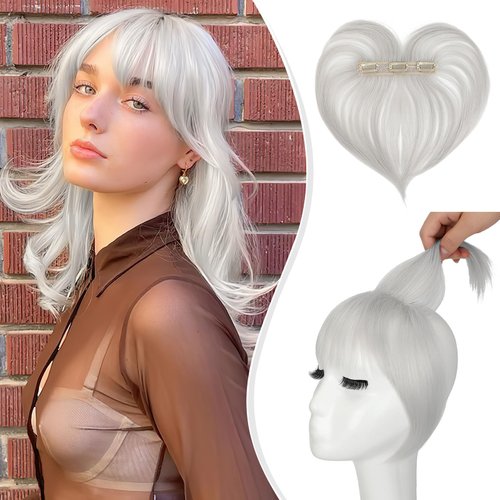 FELENDY Hair Toppers For Women, Silver Gray Bangs Hair Clip 360° 3d Cover, Fake Bangs Clip in Fringe Hair Extensions with 3 Secure Clips Wipsy Bang