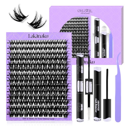 LAKANAKU DIY Lash Extension Kit,Cluster lash Extensions Kit, 10-16mm Mix Wispy Lash Clusters, D Curl Lash Clusters Kit with Bond and Seal & Tweezer & Remover, Fluffty Lash at Home Lash Extensions Kit