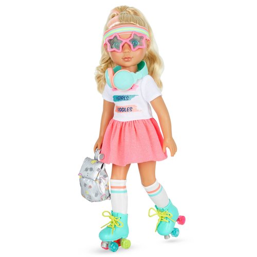 Glitter Girls – Sunnie 14-inch Poseable Fashion Doll – Blonde Hair & Green Eyes – Retro Rainbow Roller Skates, Backpack, and Headphones – Toys, Clothes, and Accessories for Kids Ages 3+