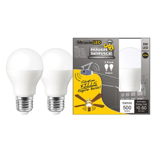 MiracleLED 606542 Rough Service Led Energy Saver Household Replacement Light Bulb Areas Like Garage Door/Shop/Fan, Cool Bright White Color, 2-Pack