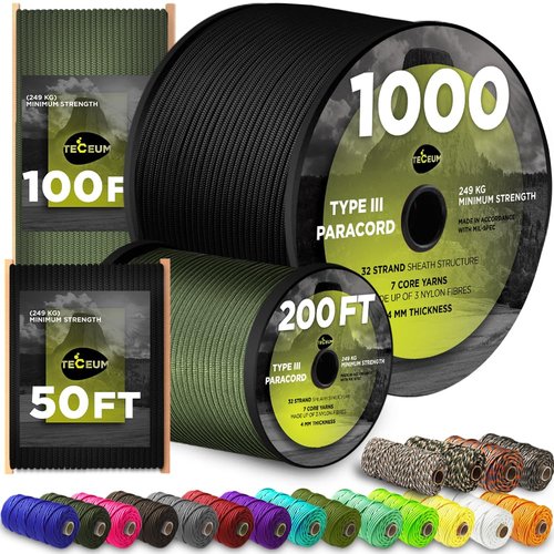 TECEUM Paracord Type III 550 Black –100 ft – 4mm – Tactical Rope MIL-SPEC – Outdoor para Cord –Camping Hiking Fishing Gear and Equipment EDC Parachute Cord Strong Survival Utility Rope 016