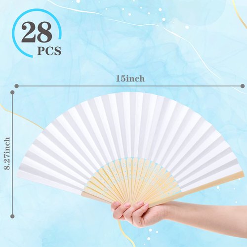 JOHOUSE White Paper Fans, 28PCS Handheld Folding Fans Foldable Bamboo Fans Japanese Chinese Style for Wedding DIY Crafting Wall Decoration Party Favors