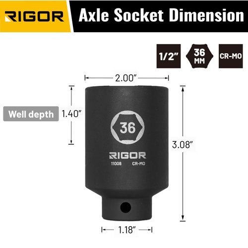 RIGOR 11008 36mm Axle Nut Impact Socket | 1/2-Inch Drive, 6 Point, Deep, CR-MO, Metric | Quick-Fit for Hog Ring Anvil | Laser Etched