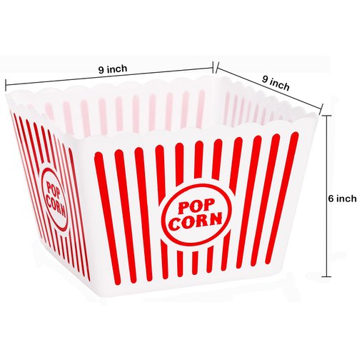 Bekith 6 Pack Plastic Open-Top Reusable Popcorn Boxes, Popcorn Containers Bucket Tub for Movie Night, 9" Square x 6" Tall
