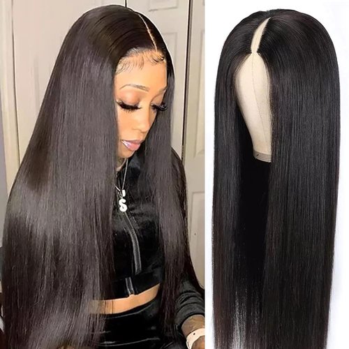 22Inch V Part Wigs Human Hair Straight Brazilian Human Hair Wigs for Black Women Upgrade U Part Wigs No Sew in NO Glue 180% Density Natural Color