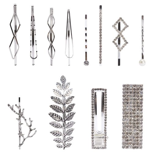 Lawie 12 Pack Silver Vintage Retro Geometric Metal Pearl Crystal Rhinestone Branch Leaf Hair Clips Snap Barrettes Claw Clamps U Shaped Wedding Party Bridal Decorative Bobby Pin Alligator Hairclips