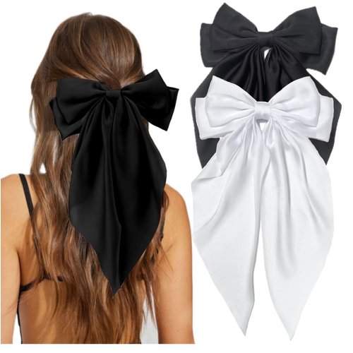 Hair Bows for Women Clip Girls Black Hair Ribbon Coquette Bow Hair Clips with Long Tails White Sa...