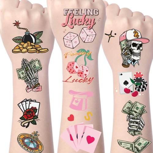 Yoyuspy Casino Temporary Tattoos Stickers - Casino Themed Birthday Party Decorations Favors Supplies Bachelorette Temporary Tattoos Game Night Las Vegas Tattoos Decor Feeling Lucky Tattoos Sticker