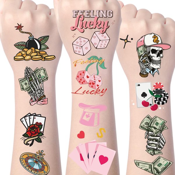 Yoyuspy Casino Temporary Tattoos Stickers - Casino Themed Birthday Party Decorations Favors Supplies Bachelorette Temporary Tattoos Game Night Las Vegas Tattoos Decor Feeling Lucky Tattoos Sticker