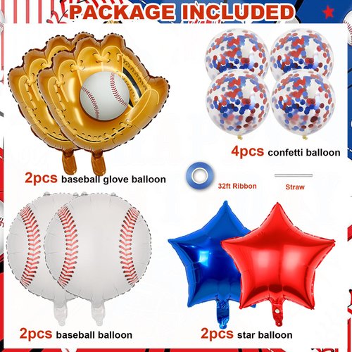 Baseball Birthday Party Balloons, 32 Inch Navy Blue Foil Number 8 Balloon, Baseball Glove Foil Balloon, Red Blue Star Confetti Balloon for 8th Birthday Sports Theme Party Supplies