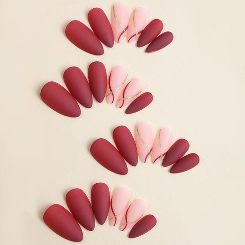 24 Pcs Short Almond Press on Nails, ASONRL Solid Burgundy Medium Fake Nails with Gold Glitter Stripe - Nail Glue Mini Nail File Kit Reusable Acrylic False Nails for Women, Almond Red Gold Stripe