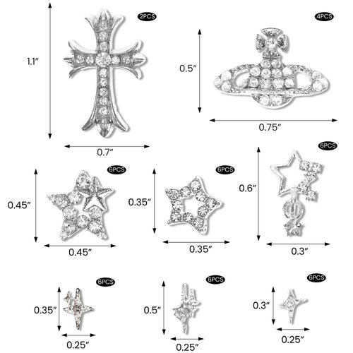 42PCS 3D Star Nail Charms and Gems Silver Rhinestones for Nails Y2K Nail Jewels for Nail Art Cute Crystal Diamond Star Charms for Nails