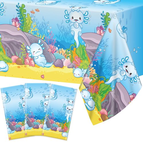 chiazllta 3Pcs Axolotl Party Birthday Decoration Blue Cartoon Axolotl Tablecloth Plastic Reptile Animal Tablecover Waterproof Rectangle Table Cover for Axolotl Baby Shower Party Supplies 108 x 54in