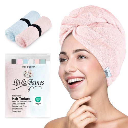 Cotton Hair Towel Wrap for Women/Kids | Quick Dry, Soft & Absorbent 420-GSM Hair Wrap Towels with Double Button | Anti Frizz, Non Microfiber Hair Turbans for Curly, Long & Thick Hair (Blue+Pink)