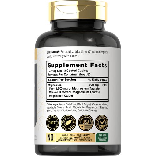 Carlyle Magnesium Taurate 1500mg | 250 Caplets | Chelated and Buffered | Vegetarian, Non-GMO, Gluten Free Supplement