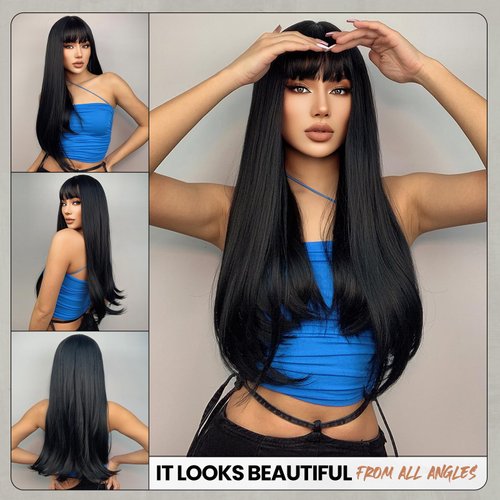 EMMOR Black Wigs Long Straight Wig With Bangs Hair for Women Synthetic Natural Black Hair Party And Cosplay Premium Soft Wig(26" Black)