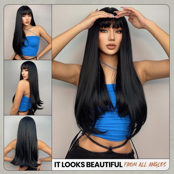 EMMOR Black Wigs Long Straight Wig With Bangs Hair for Women Synthetic Natural Black Hair Party And Cosplay Premium Soft Wig(26" Black)