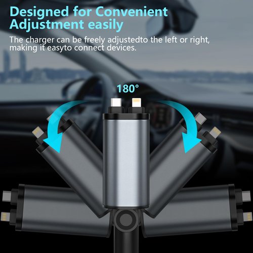 Retractable Car Charger, 4 in1 Fast Car Phone Charger 120W, 2.7Ft Retractable Cables and 4 Electronic Ports, Car Charger Compatible for iOS & Android Cell Phones All Device Charging