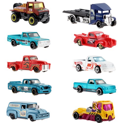 Hot Wheels 10-Pack, Set of 10 Toy Trucks in 1:64 Scale, Mix of Officially Licensed & Unlicensed Pick-Ups, Rescue or Semi Trucks (Styles May Vary)
