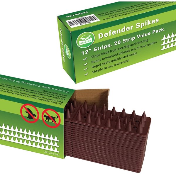 DE-BIRD Defender Spikes, Bird Deterrent & Cat Repellent Outdoor to Keep Cats Away, Easy-Install Plastic Bird Spikes Anti Theft Strips, 20pk [20 Foot]