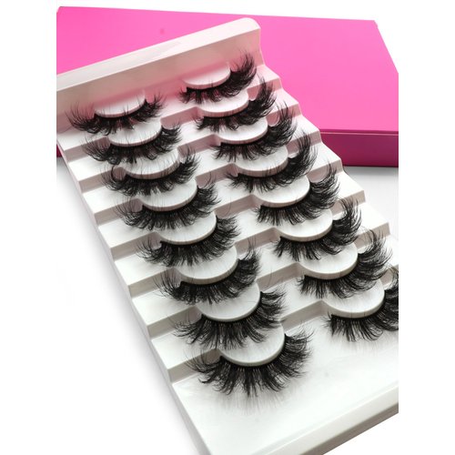BTLLSSH 8Pair 3D5D 0.59INCH Thick False Eyelashes Cross Volume Cat Eye Lashes Extension Fluffy Natural Look Faux Mink Lashes with Dark Pink Box