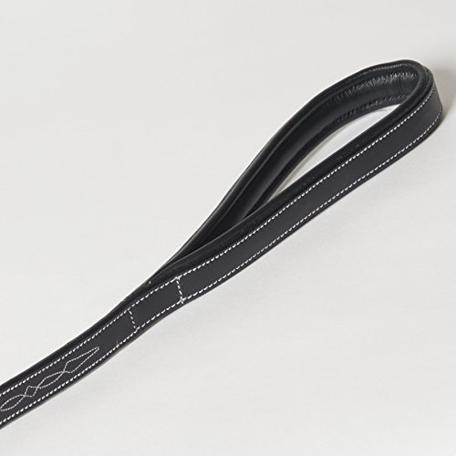 Small Decorated Genuine Leather Dog Leash – 4 Feet with Padded Handle, Black Leather with White Hand-Stitched Design