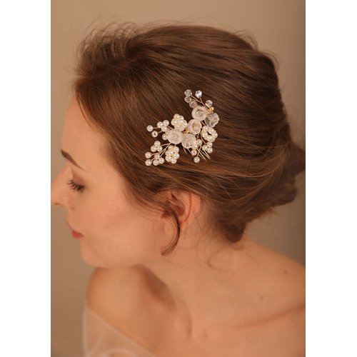 Denifery Flower Wedding Hair Comb Gold Pearls Hair Side Comb Bridal Crystal Hair Clips Hairpieces Wedding Hair Accessories for Brides and Bridesmaids