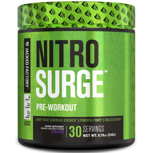 Jacked Factory NITROSURGE Pre Workout Supplement - Endless Energy, Instant Strength Gains, Clear Focus, Intense Pumps - Nitric Oxide Booster & Powerful Preworkout Energy Powder - 30 Servings, Grape