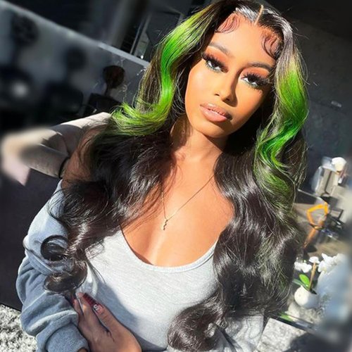 JYZ Skunk Stripe Wig Human Hair Lace Front Green Highlights Wig Human Hair Wavy 13X4 HD Lace Front Wigs Human Hair 200% Density Highlight Wigs Human Hair Pre Plucked with Baby Hair 18inch Middle Part