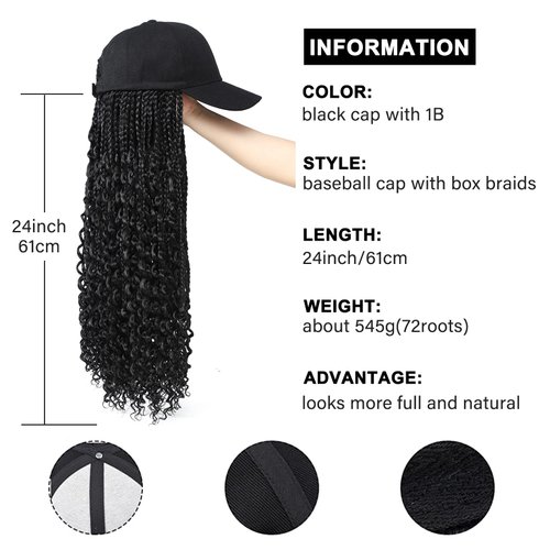 Goddess Box Braids Braiding Hair Baseball Cap Hat Wig Bohemian Curly Ends Box Braids Hat with Braided Hair Extensions for Black White Women Synthetic Braids Hat Wig with Hair Attached (24inch, 1B)