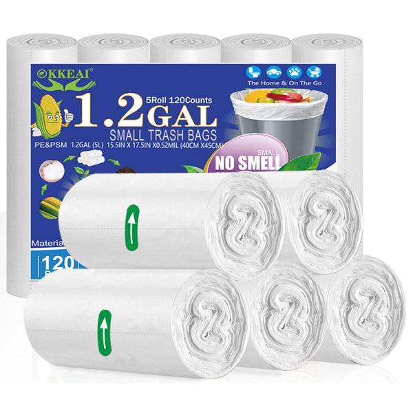 OKKEAI Small Trash Bags -1.2 Gallon Garbage Bags 5 Liter Trash Bags Wastebasket Liners for Bathroom,Office,Translucent,120 Counts Fit 5L 1.2,1.5,2Gal