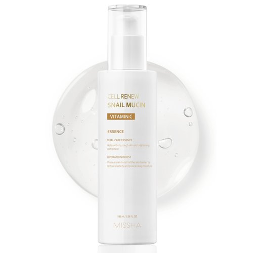 MISSHA Cell Renew Snail Mucin Vitamin C Essence Serum 3.38 Fl oz - Hydrating Korean Skincare for Glass Skin, Snail Mucin Serum for Improved Skin Texture & Complexion
