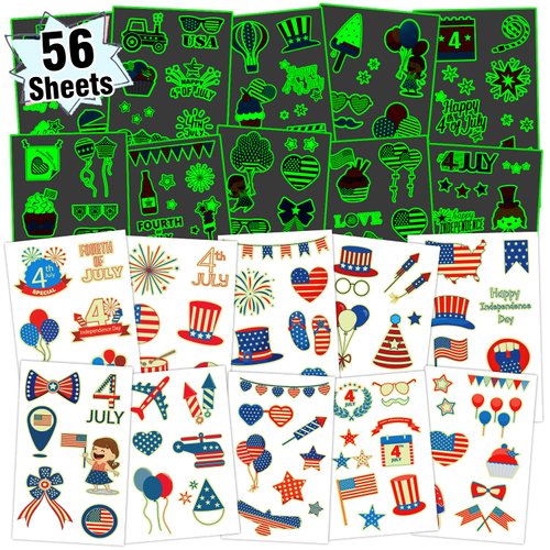 Partywind 56 Sheets (355 Styles) 4th of July Decorations Temporary Tattoos, Luminous Fourth of July Party Supplies Favors Accessories, Patriotic Tattoo Stickers for Independence Memorial Day Decor