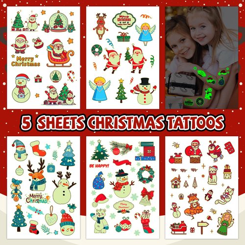 EMOME 120 Styles Luminous Christmas Tattoos for Kids Party Supplies, Glows Fake Tattoos for Boys and Girls Christmas Stocking Stuffers, Christmas Tattoo Sticker for Kids Party Favors Goodie Bags
